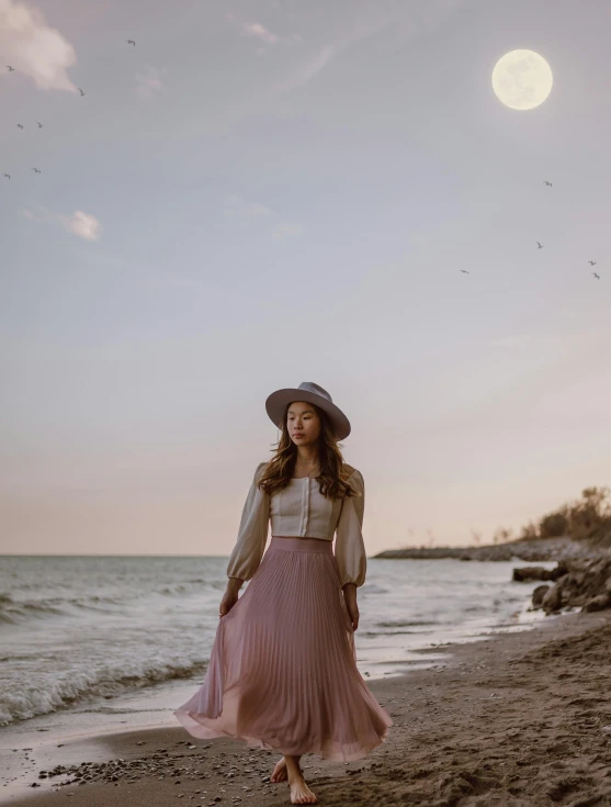 a woman standing on a beach next to the ocean, by Julia Pishtar, pexels contest winner, renaissance, pleated skirt, moon light, soft light 4 k in pink, portrait mode photo