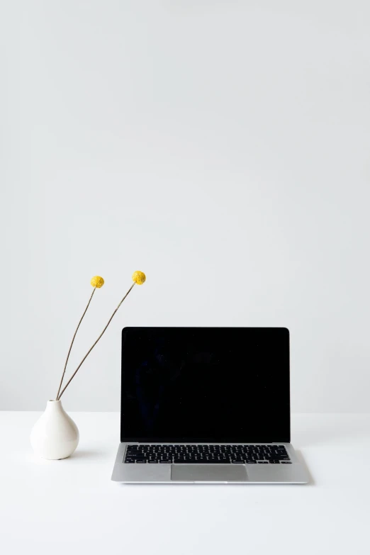 a laptop computer sitting on top of a white table, by Carey Morris, minimalism, flowers, yellow and black color scheme, white backdrop, best practices