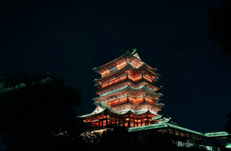 a tall building is lit up at night, an album cover, by Torii Kiyomasu, unsplash contest winner, the palace of ai, thumbnail, brown, exterior