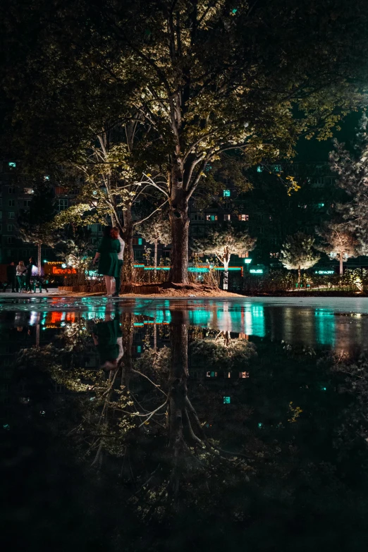 a pond in the middle of a park at night, madison square garden, specular reflection, unsplash 4k, trees around