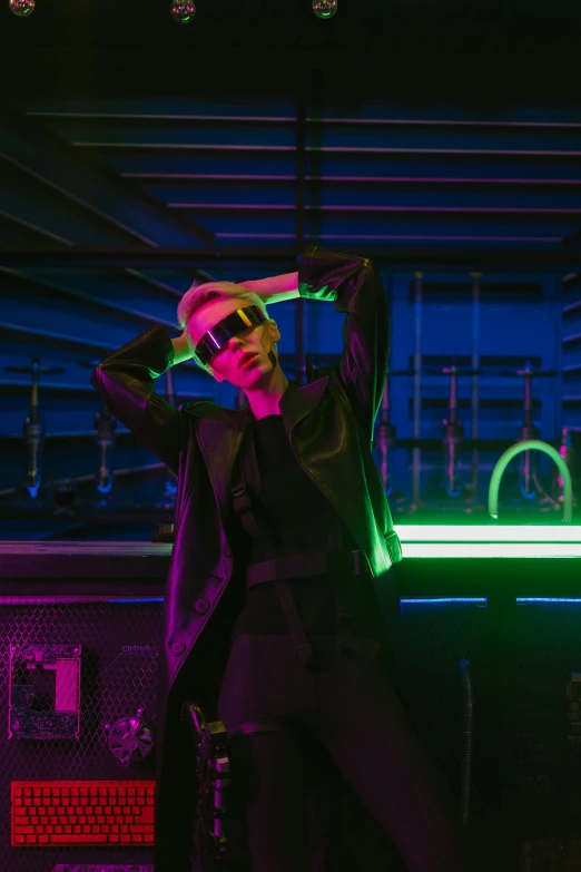 a woman standing in front of a neon bar, trending on pexels, attractive androgynous humanoid, with a cool pose, cl, asher duran
