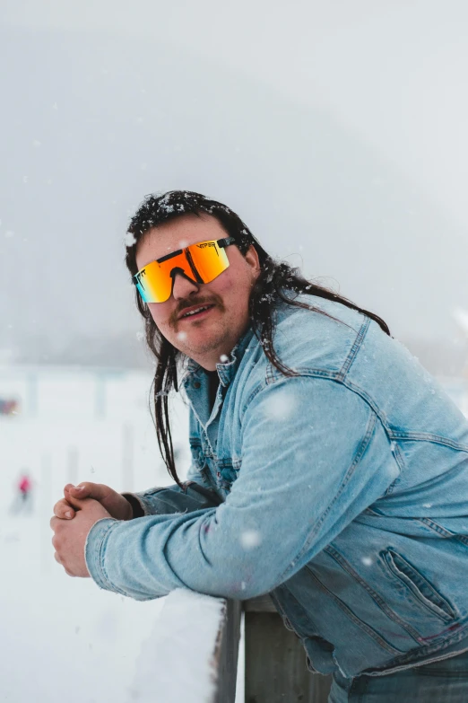 a man standing on top of a snow covered slope, an album cover, inspired by Karl Gerstner, pexels contest winner, les nabis, mullet long haircut, wearing goggles, brandon woelfel, profile image