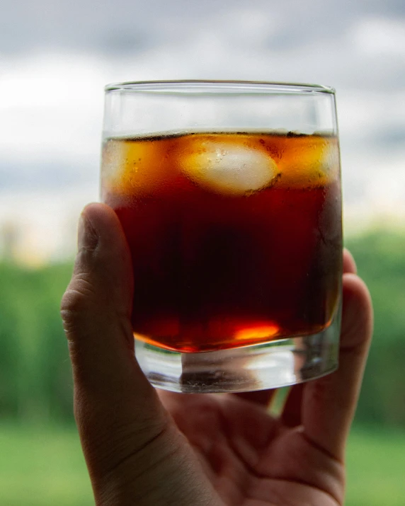 a person holding a drink in their hand, by Jan Rustem, unsplash, renaissance, iced tea glass, amaro, storm outside, profile image