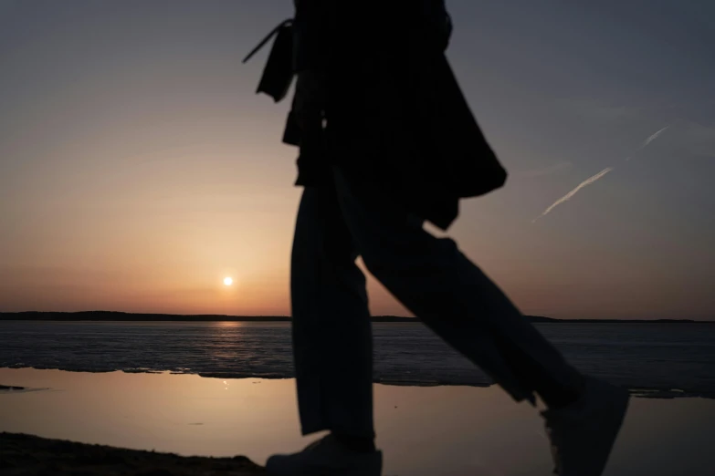 a person walking on a beach at sunset, happening, photograph of a techwear woman, standing in a lake, high-quality photo, moonwalker photo