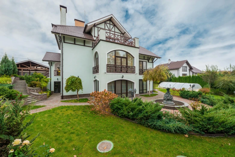 a large white house sitting on top of a lush green field, by Maksimilijan Vanka, suburban garden, 000 — википедия, real estate photography, inter dimensional villa