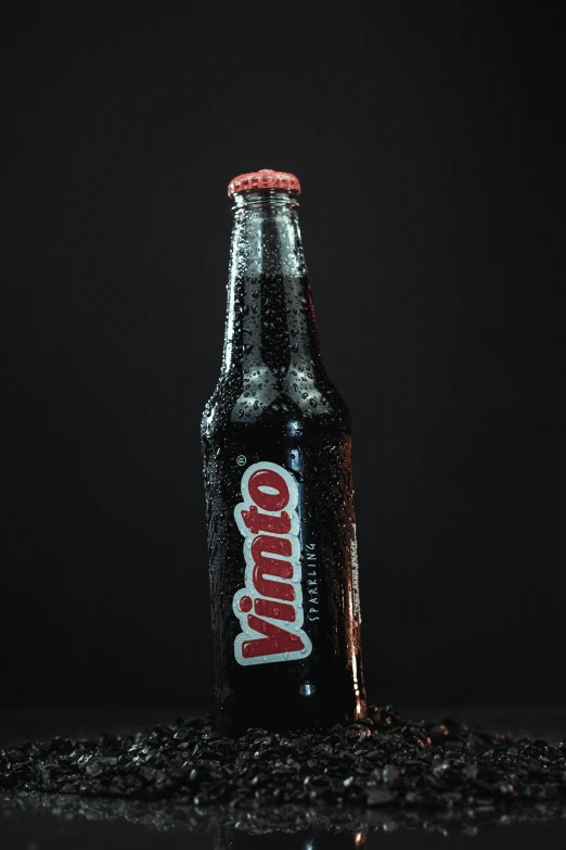 a bottle of soda sitting on top of a table, a digital rendering, by Matt Cavotta, reddit, vanta black, close-up product photo, venetian red, nanite