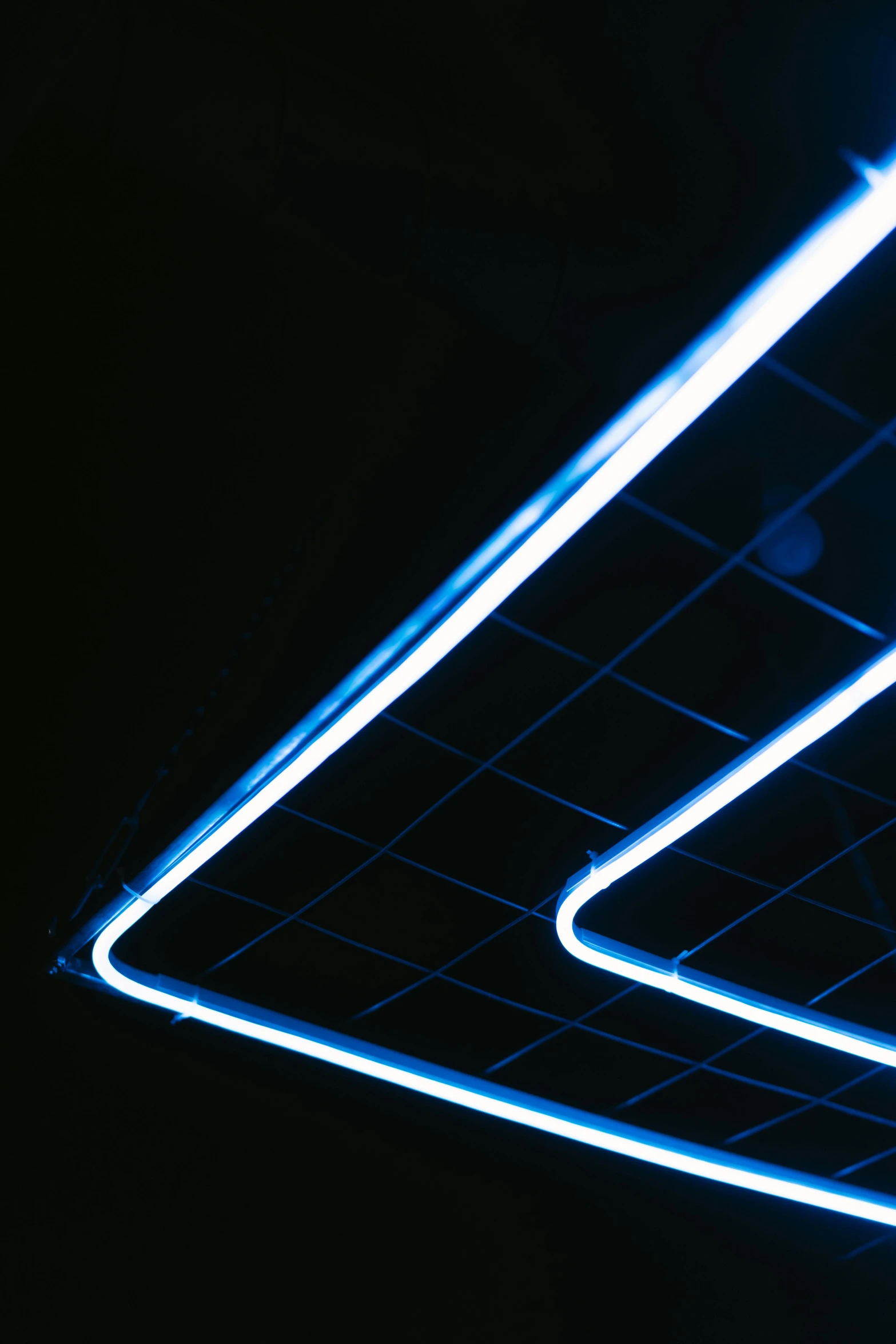 a couple of lights that are on a ceiling, an album cover, unsplash, blue neon details, square, high quality photo, lines of energy