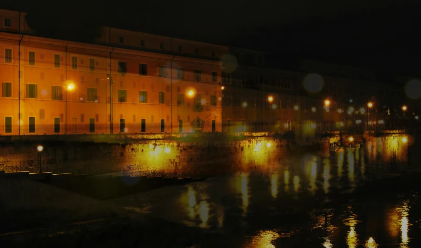 the lights on the buildings are reflecting in the water, an album cover, by Giuseppe Camuncoli, pexels contest winner, tonalism, - photorealistic, tarski fiume, college, panoramic