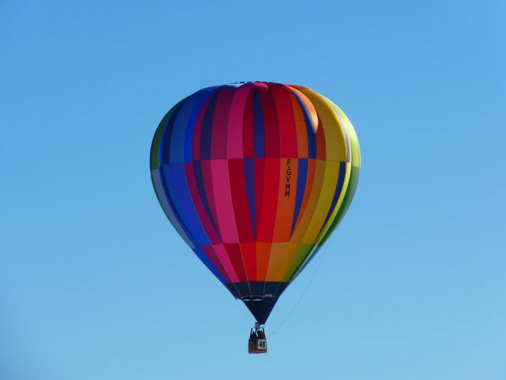 a colorful hot air balloon flying through a blue sky, by Dave Allsop, pexels contest winner, figuration libre, clear blue sky, deep colour, seen from the side, thumbnail