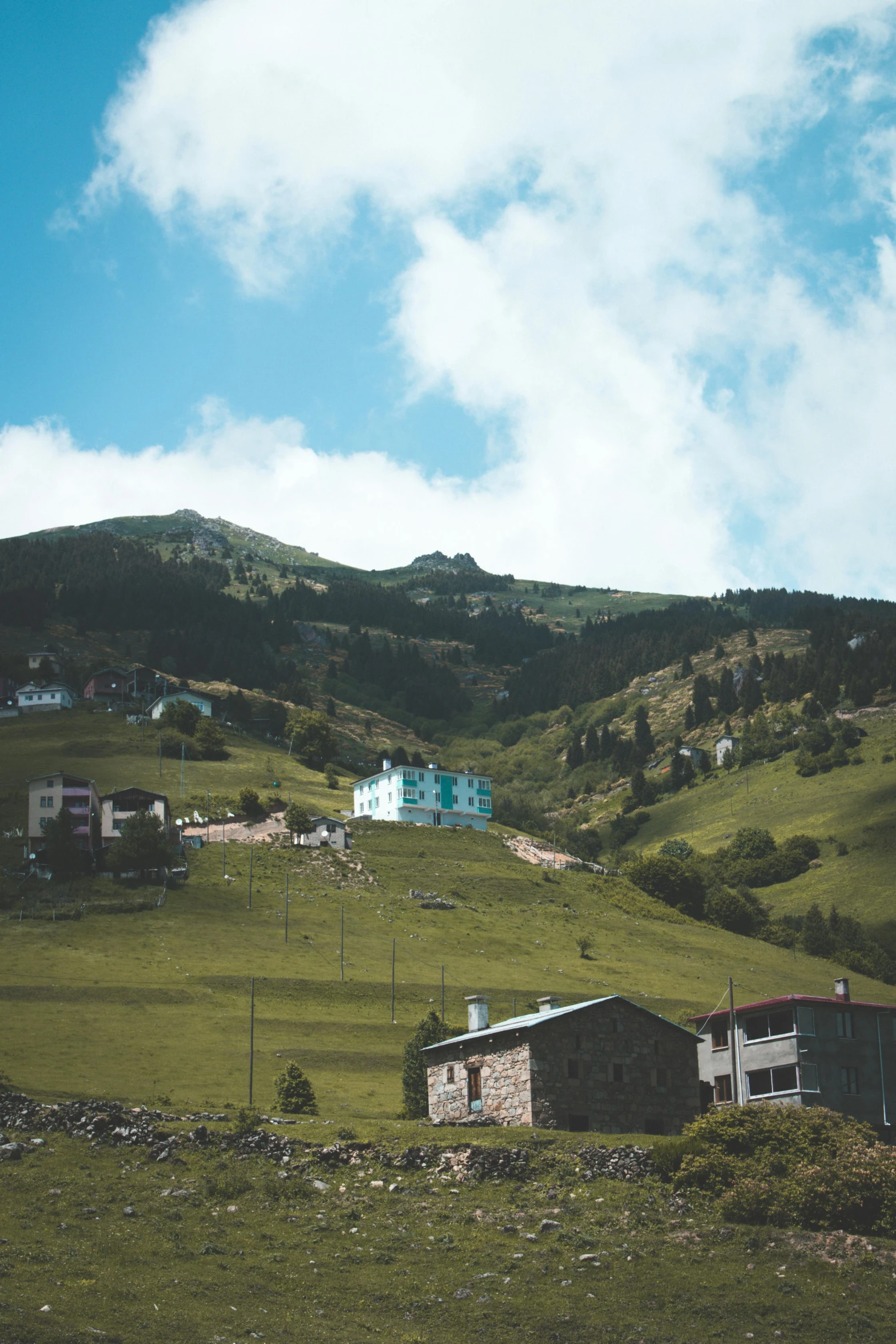 a couple of houses sitting on top of a lush green hillside, by Muggur, unsplash, les nabis, soviet suburbs, low quality photo, tourist photo