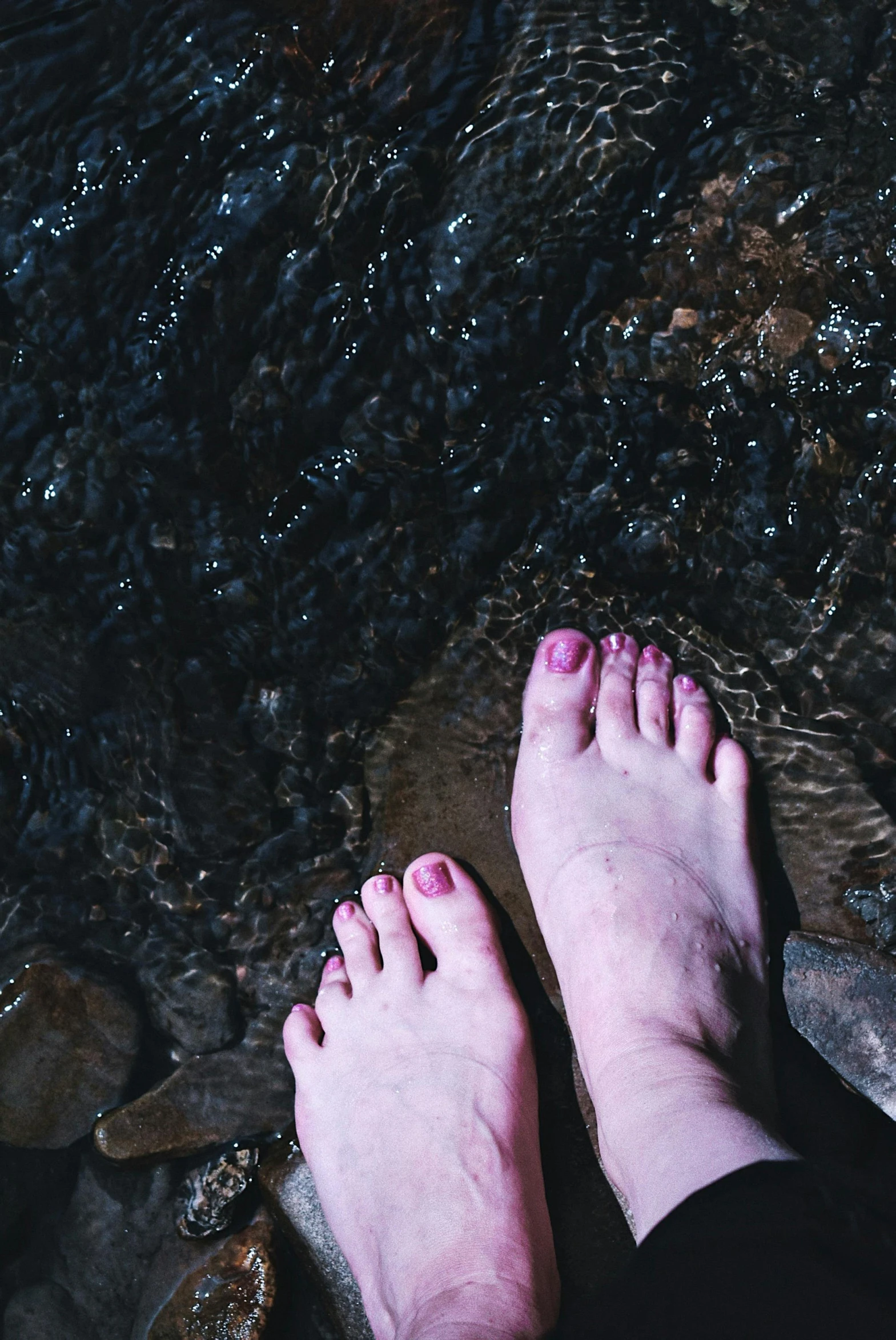 a person standing on a rock next to a river, inspired by Elsa Bleda, unsplash, renaissance, exposed toes, wet shiny skin, purple sand, high angle view