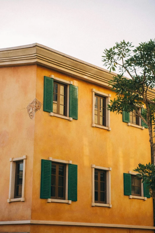 a yellow building with green shutters next to a tree, inspired by Michelangelo Buonarotti, neoclassicism, traditional corsican, profile image, warm cosy colors, restored colors