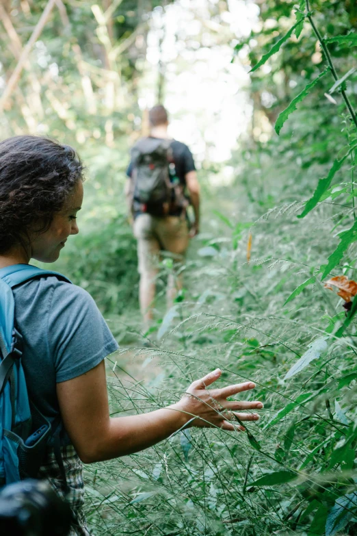 a group of people walking through a lush green forest, exploring new friendly lands, woman, botanicals, trecking