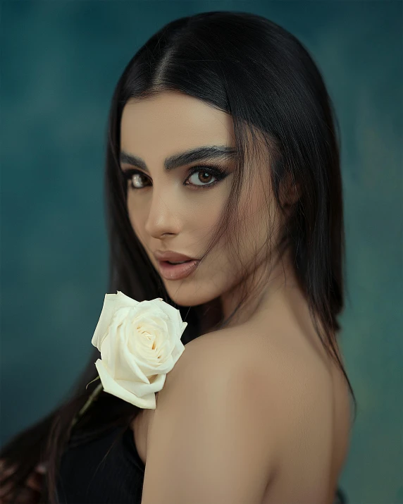 a woman in a black dress holding a white rose, a screenshot, inspired by irakli nadar, pexels contest winner, arabesque, madison beer girl portrait, middle eastern skin, portrait shot 8 k, kyza saleem