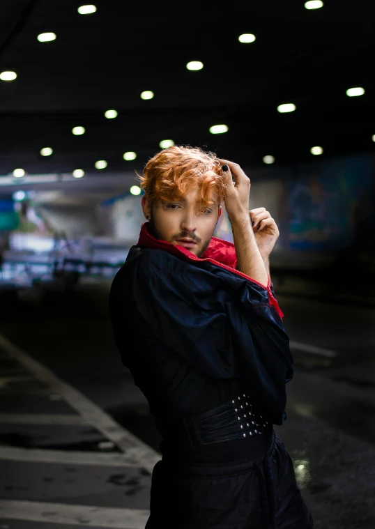 a woman in a black coat and red scarf, an album cover, inspired by Tadashi Nakayama, trending on unsplash, orange - haired anime boy, robert sheehan, 2019 trending photo, hideki anno