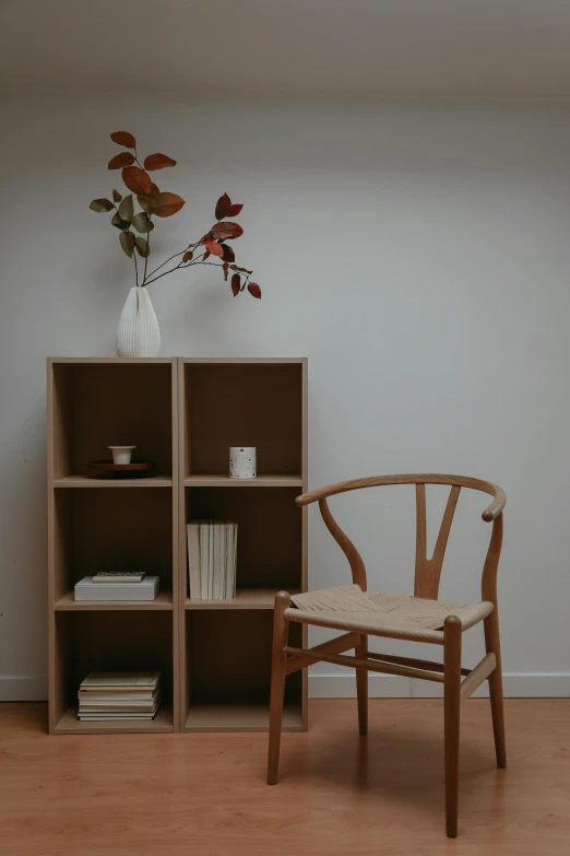 a wooden chair sitting in front of a book shelf, inspired by Constantin Hansen, unsplash, minimalism, standing in corner of room, gif, lossless quality, autumn season