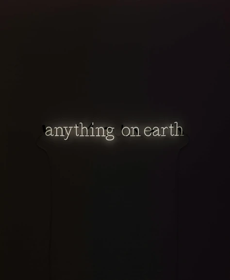a neon sign that says anything on earth, an album cover, in white lettering, vantablack wall, ooak, /r/earthporn