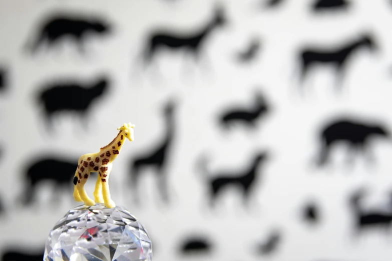 a toy giraffe standing on top of a crystal ball, by Sylvia Wishart, photographed for reuters, with crystals on the walls, mini figure, 1/400