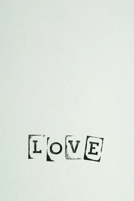 a piece of paper with the word love written on it, an album cover, by Shinji Aramaki, flickr, letterism, white!!, cubic, rubber stamp, 2002