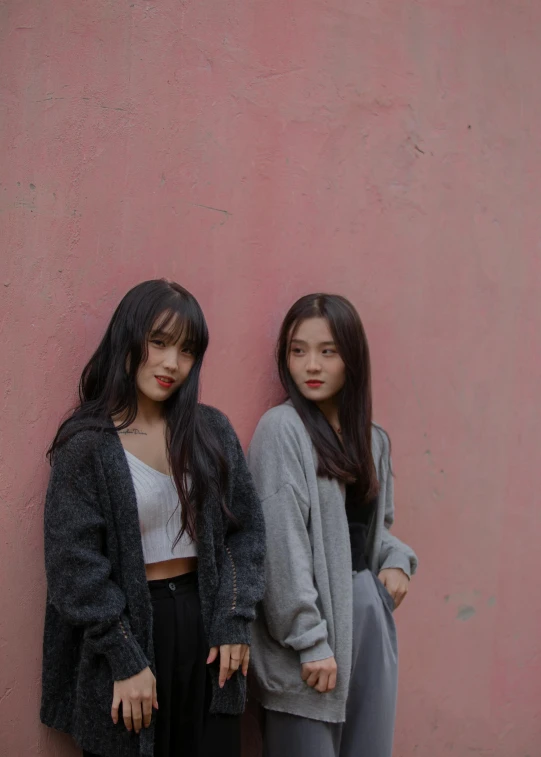 two women standing next to each other in front of a pink wall, a picture, inspired by Wang Duo, trending on unsplash, realism, black haired girl wearing hoodie, wearing a cardigan, ulzzang, gray color