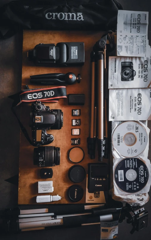 the contents of a camera laid out on a table, by Adam Rex, taken with canon 5d mk4, organized, uploaded, a high angle shot