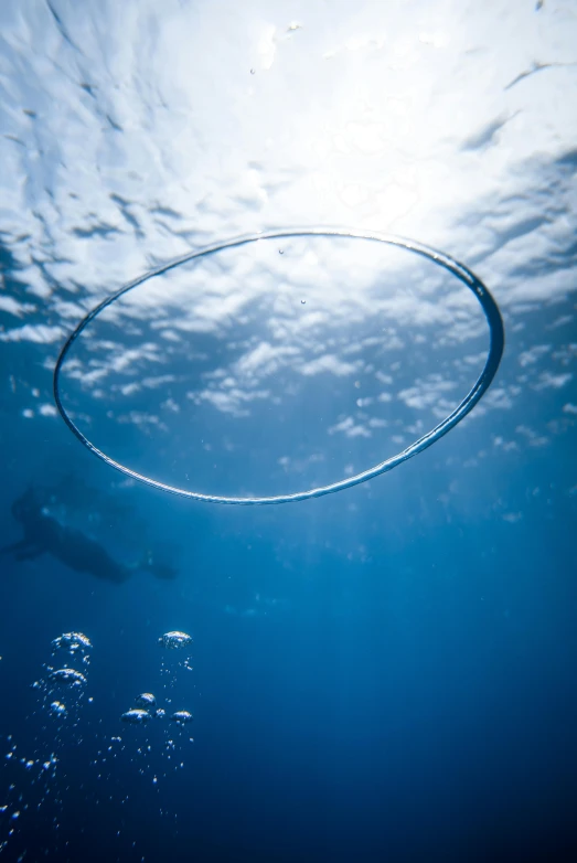 a circle in the water surrounded by bubbles, by Dan Content, whale skeleton, ring in the sky, water line surface, taken in 2022