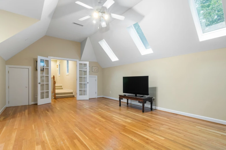 a living room filled with furniture and a flat screen tv, featured on reddit, light and space, cathedral ceiling, slide show, skylight open ceiling, ultra accurate