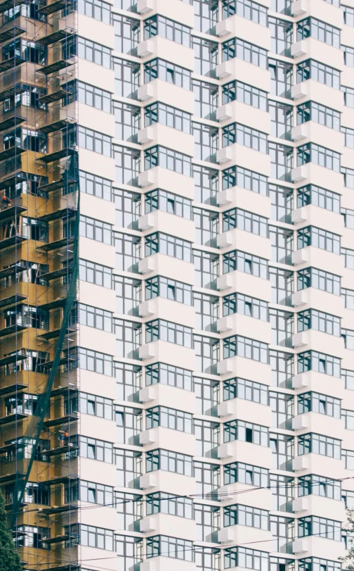 a very tall building with a lot of windows, by Lee Loughridge, pexels, brutalism, a still of kowloon, scaffolding, single flat colour, panoramic shot