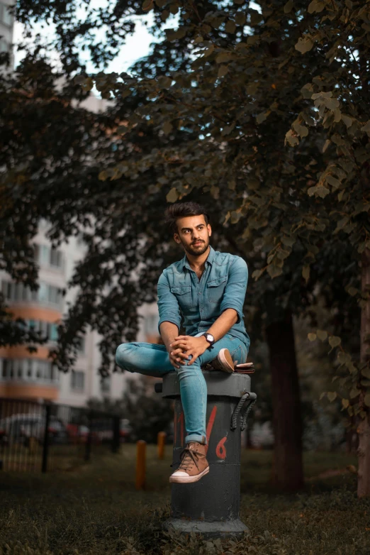 a man sitting on top of a fire hydrant in a park, by Sebastian Vrancx, pexels contest winner, portrait of a handsome, khyzyl saleem, sitting on a stool, avatar image