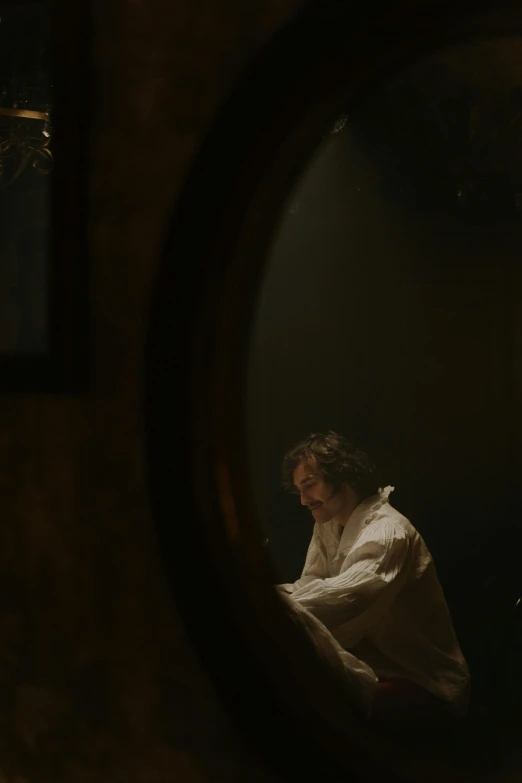 a reflection of a man sitting in front of a mirror, unsplash, rococo, from the tusk movie, rembrandt lighting scheme, lubezki, in a flowing white tailcoat