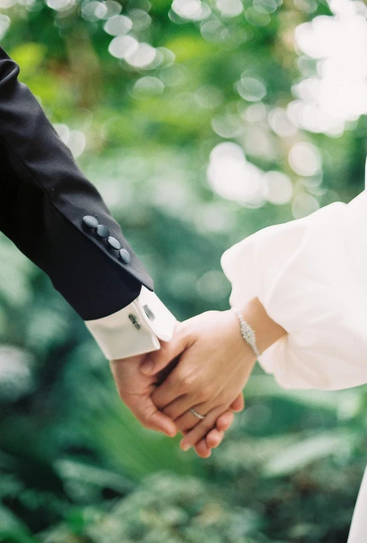 a close up of a bride and groom holding hands, from a distance, no crop, white sleeves, press shot