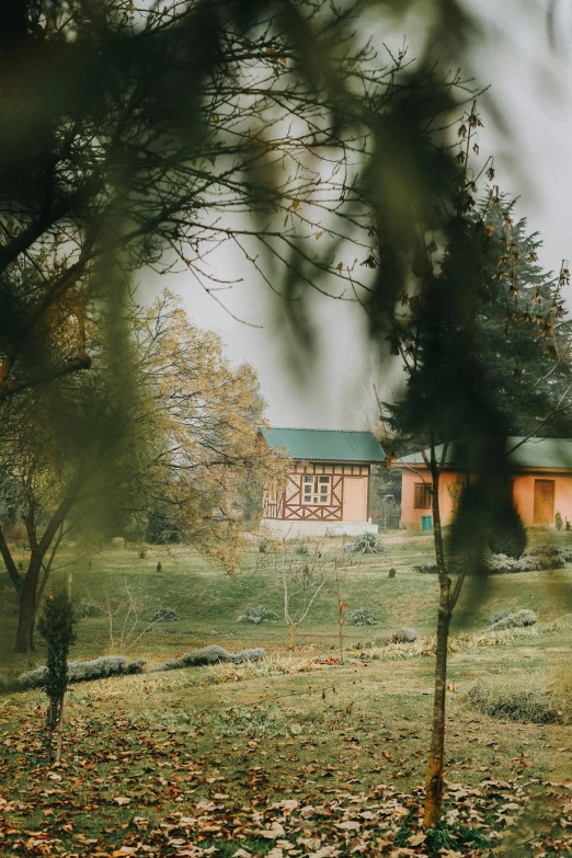 a house sitting on top of a lush green field, inspired by Wes Anderson, unsplash contest winner, bhutan, autum garden, winter setting, low quality photo