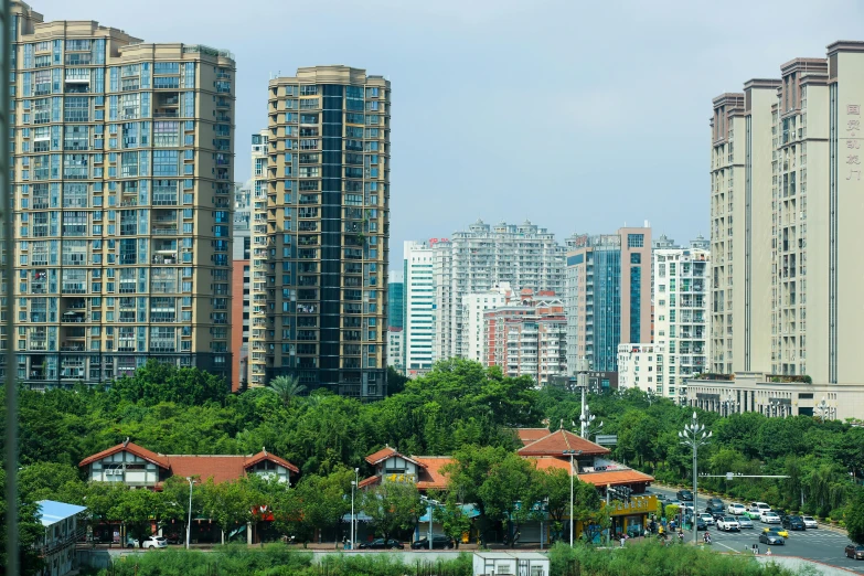 a city filled with lots of tall buildings, chinese heritage, modernist buildings, against the backdrop of trees, gigapixel photo