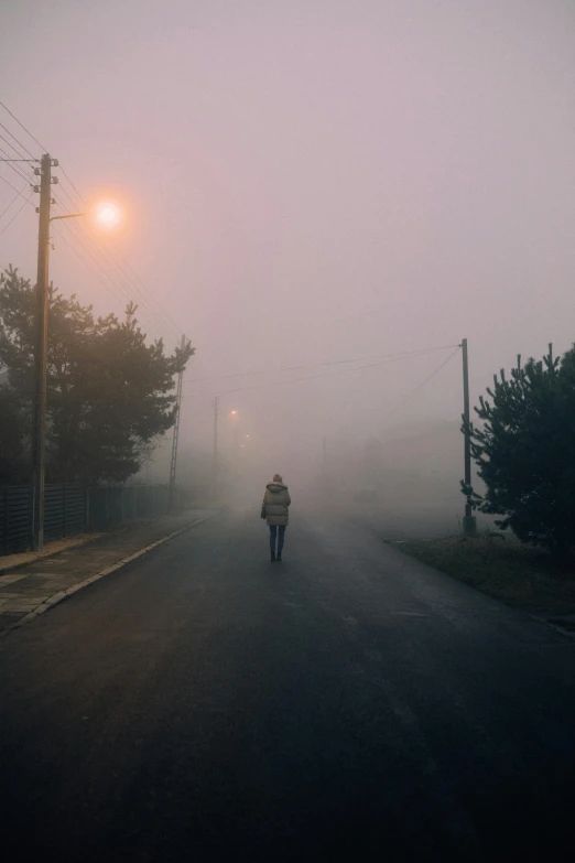 a person walking down a street on a foggy day, an album cover, inspired by Elsa Bleda, pexels contest winner, magical soviet town, solitude seen in the distance, walking through a suburb, foggy photo 8 k