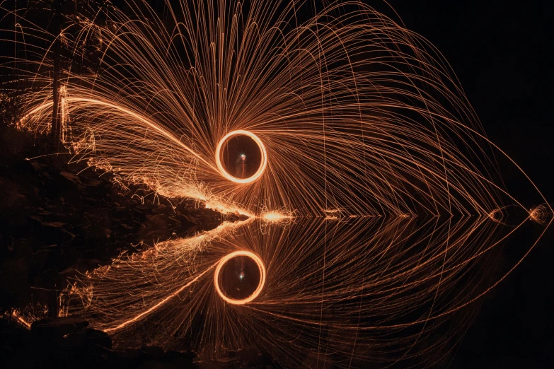 a long exposure photograph of steel wool spinning in the dark, by Sebastian Spreng, pexels contest winner, coloured in orange fire, refracted line and sparkles, instagram post, circle
