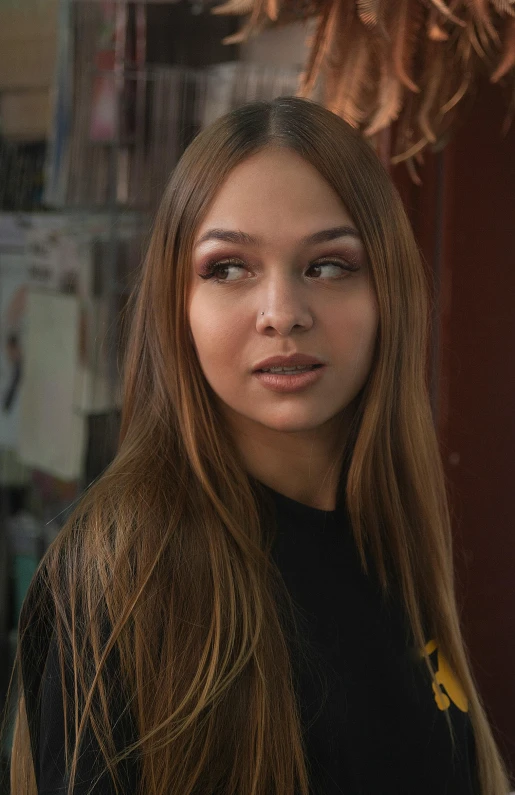 a woman with long hair standing in front of a window, trending on pexels, hyperrealism, girl in a record store, portrait of vanessa morgan, fierce expression 4k, portrait sophie mudd