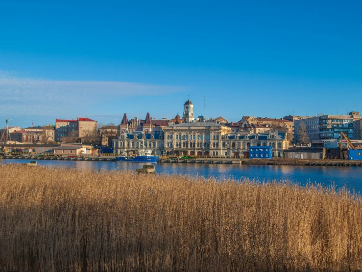 a large body of water surrounded by tall grass, by Serhii Vasylkivsky, shutterstock, art nouveau, town in the background, blue sky, square, shot on sony a 7
