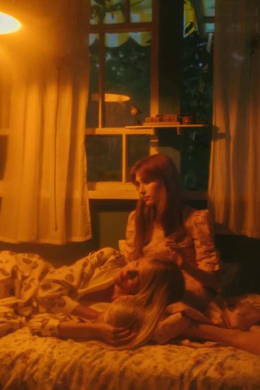 a couple of people sitting on top of a bed, an album cover, inspired by Elsa Bleda, fantastic realism, bryce dallas howard, 2 0 2 1 cinematic 4 k framegrab, southern gothic scene, late summer evening