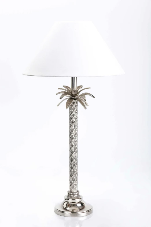 a silver table lamp with a white shade, by Albert Dorne, tropical style, a hyper-detailed