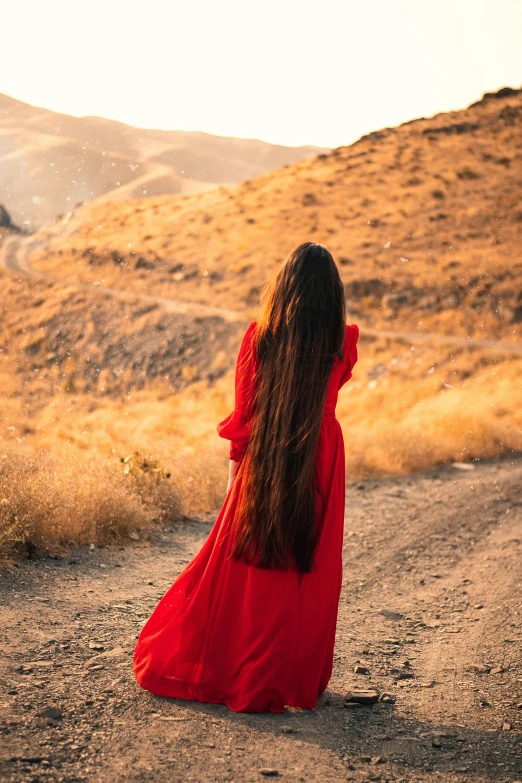 a woman in a red dress standing on a dirt road, an album cover, by Julia Pishtar, pexels contest winner, renaissance, long hairs, beautiful iranian woman, sunset in a valley, back of the hair