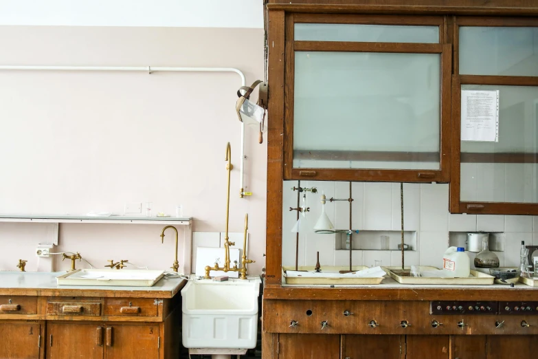 a kitchen with wooden cabinets and a sink, inspired by Julius Klinger, unsplash, modernism, ornate hospital room, scientific specimens, white wall coloured workshop, classroom