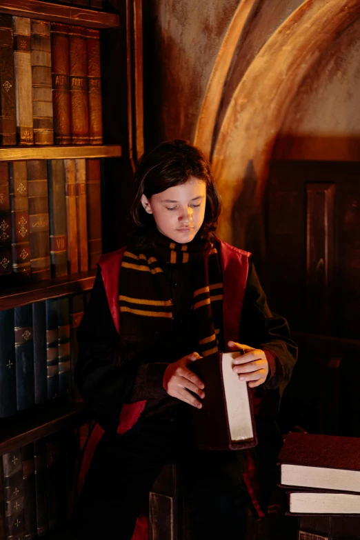 a woman reading a book in a library, inspired by Hermione Hammond, hurufiyya, dafne keen, slide show, wearing robes and neckties, ( ( theatrical ) )