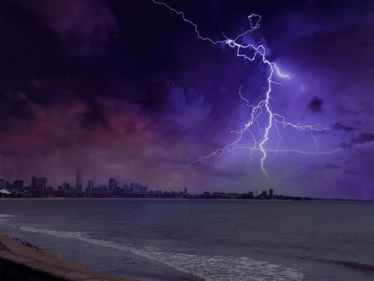 a lightning bolt in the sky over a body of water, inspired by Storm Thorgerson, pexels contest winner, purple, australian winter night, apocalyptic tumultuous sea, youtube thumbnail