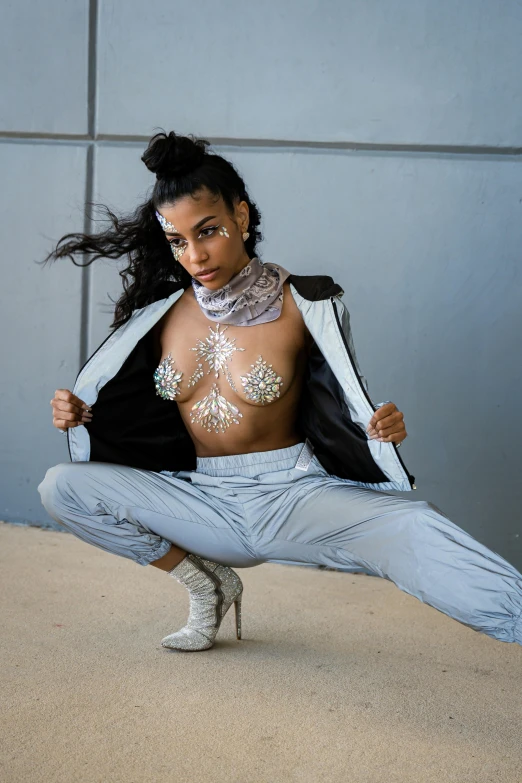 a woman sitting on the ground posing for a picture, an album cover, wearing a plug suit, jacket over bare torso, qiyana, icy