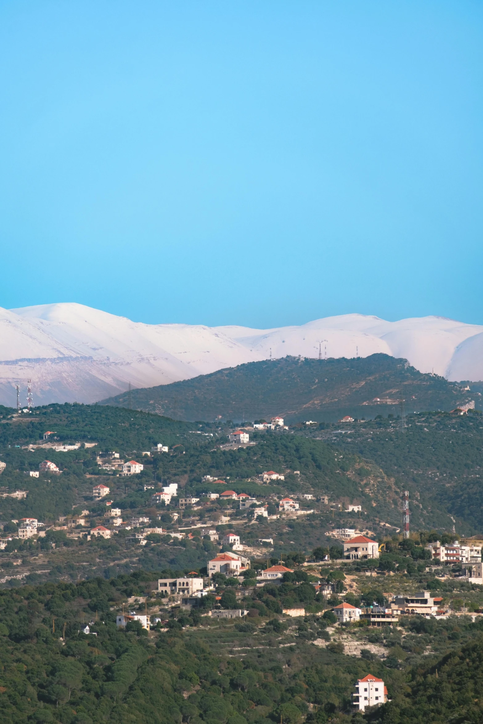 a view of a town with mountains in the background, les nabis, lebanon kirsten dunst, very light snow, slide show, lush vista