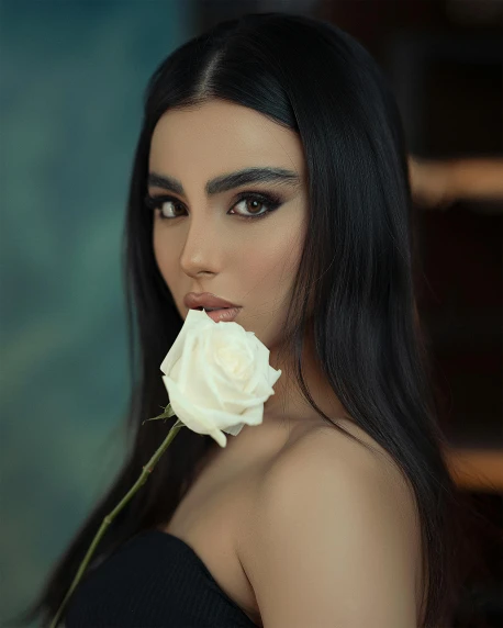 a woman in a black dress holding a white rose, inspired by Elsa Bleda, pexels contest winner, :: madison beer, beautiful iranian woman, headshot, non binary model