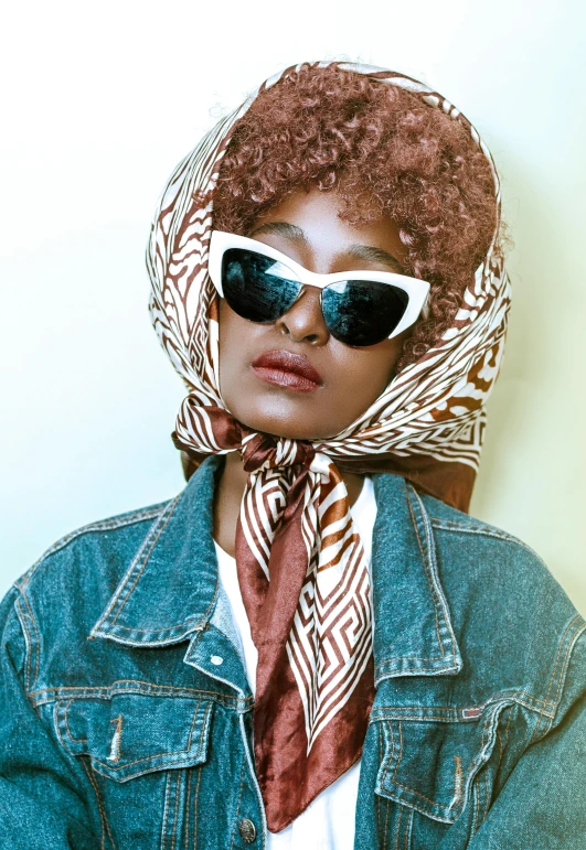 a close up of a person wearing sunglasses and a scarf, an album cover, high fashion modeling, nuri iyem, vintage clothing, profile image