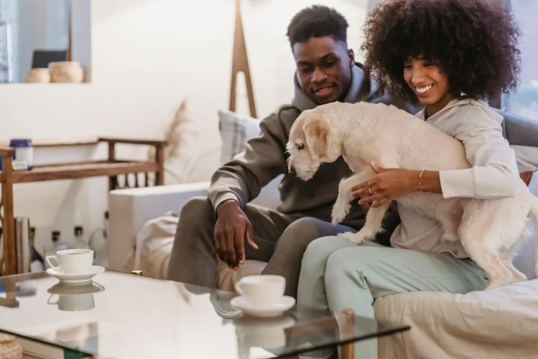 a man and woman sitting on a couch with a dog, on a coffee table, everyone having fun, maintenance, promo image