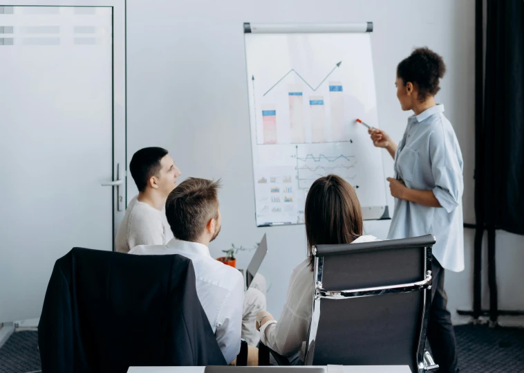 a woman giving a presentation to a group of people, pexels contest winner, 🦩🪐🐞👩🏻🦳, cubical meeting room office, charts, professional picture