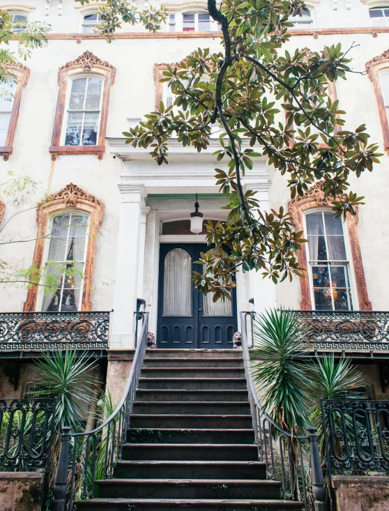 a building with a tree in front of it, by Elizabeth Charleston, unsplash contest winner, in savannah, balcony door, panoramic shot, richly decorated victorian house